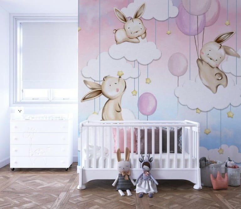Fototapeta z króliczkami na chmurkach wśród różowych balonów Małe Króliczki Na Chmurkach do pokoju dziecęcego - główne zdjęcie produktu