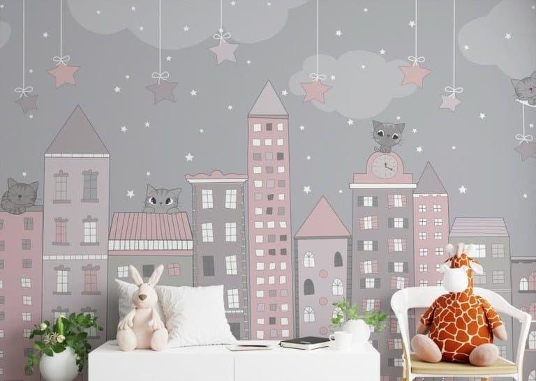 Fototapeta z ilustracją miasta w nocy Śpiące Miasteczko Dla Dziecka do pokoju dziecięcego - główne zdjęcie produktu