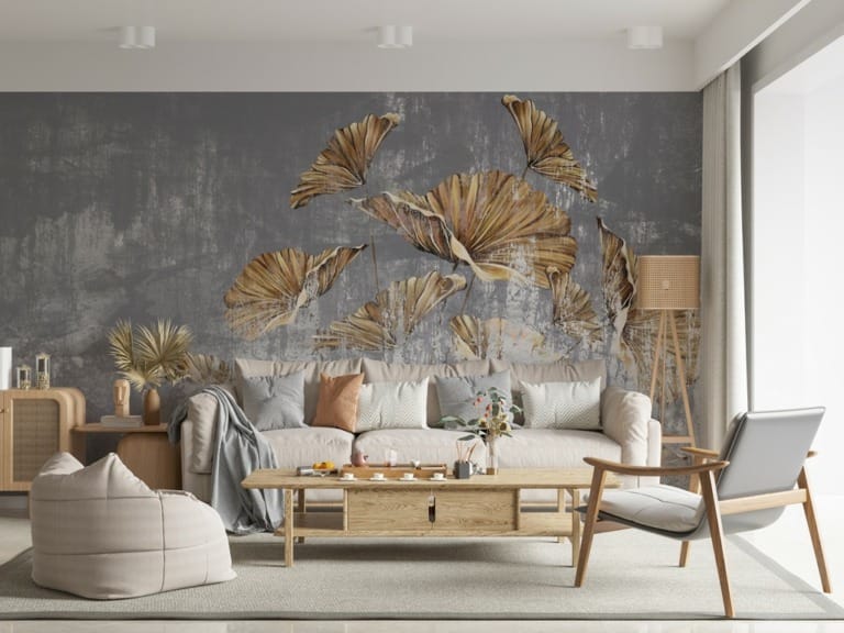 Fototapeta z dużymi egzotycznymi roślinami na niejednolitym tle Brązowe Liście Na Niebieskim Tle - główne zdjęcie produktu