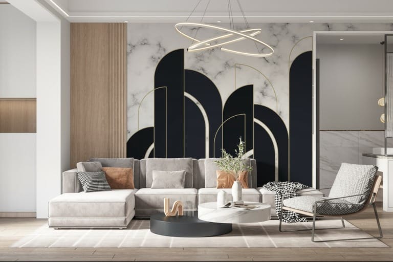 Fototapeta z czarnymi półkolami ze złotą kreską Czarny Wzór Geometryczny - główne zdjęcie produktu