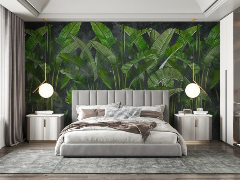 Fototapeta z soczystą zielenią na ciemnym tle Długie Zielone Liście - główne zdjęcie produktu