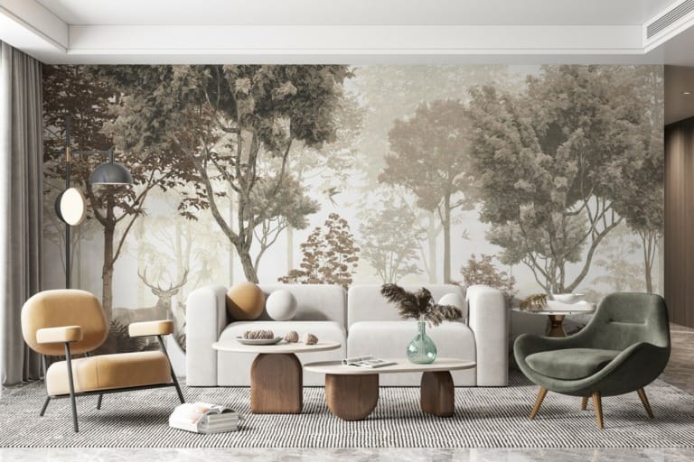 Fototapeta z dzikimi zwierzętami w leśnej głuszy spowitej mgłą Jelenie w Ciemnym Lesie do salonu - główne zdjęcie produktu