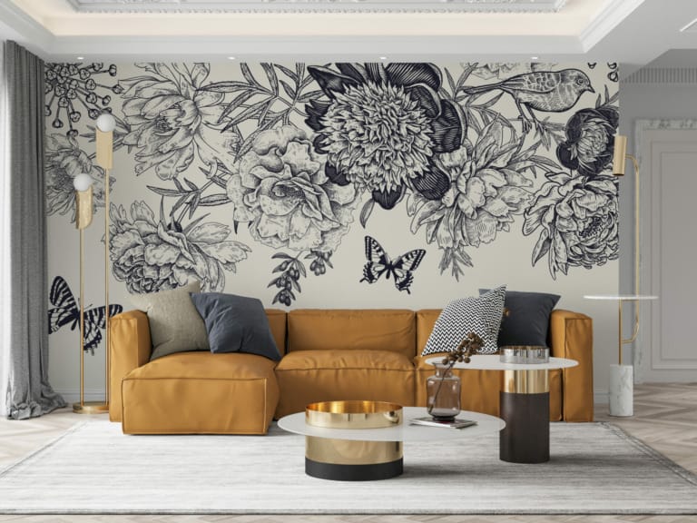 Fototapeta z motywem roślinnym wykonana ciemną kreską Kwiaty i Motyle - główne zdjęcie produktu