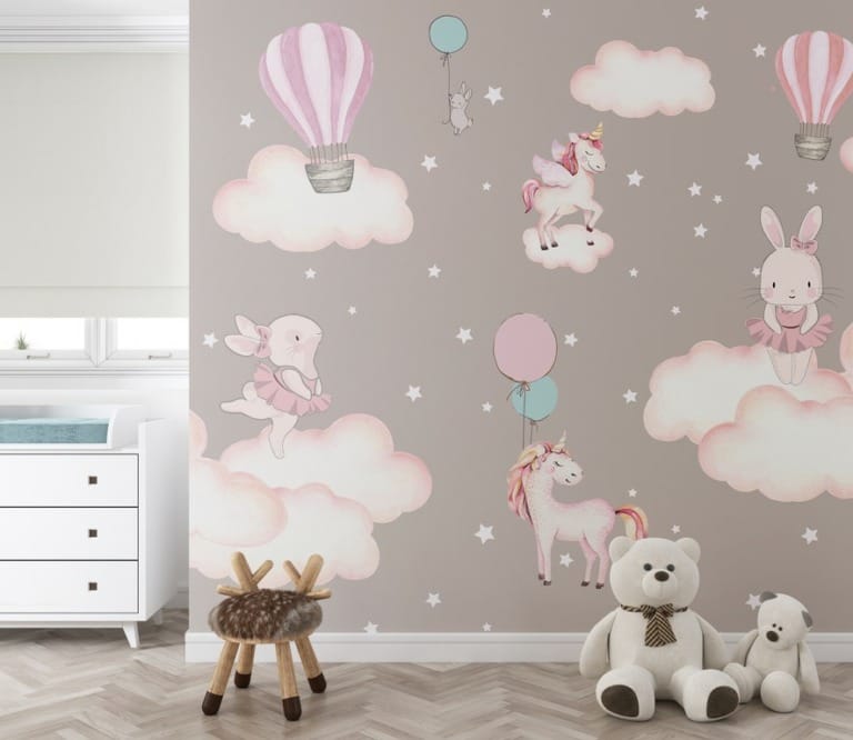 Fototapeta w delikatnych wesołych barwach Różowe Króliczki i Jednorożce - główne zdjęcie produktu