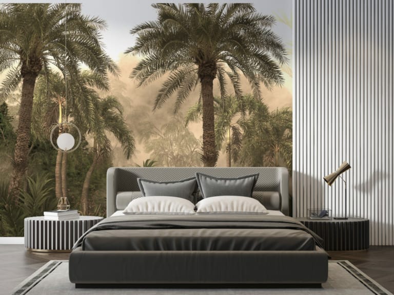 Fototapeta z motywem tropikalnym w ciepłych barwach Wysokie Palmy w Słońcu - główne zdjęcie produktu