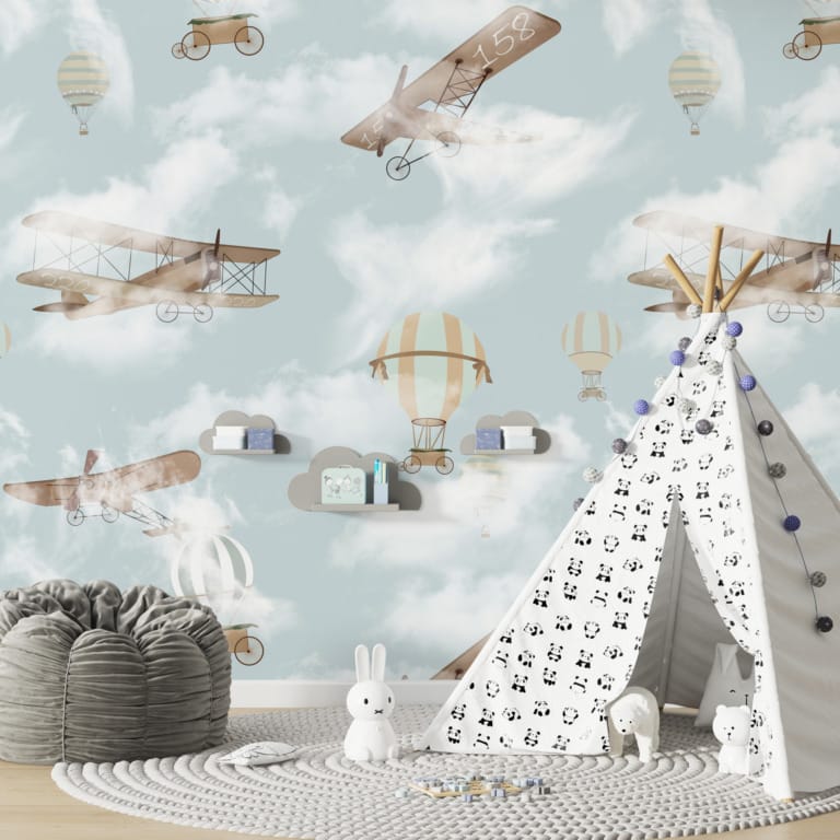 Fototapeta z samolotami i balonami na błękitnym niebie Lecąc w Chmurach - główne zdjęcie produktu