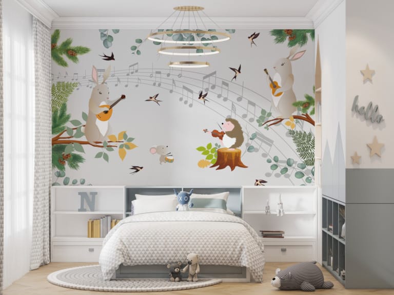 Fototapeta z pięciolinią i zwierzątkami grającymi na instrumentach Leśna Orkiestra - główne zdjęcie produktu