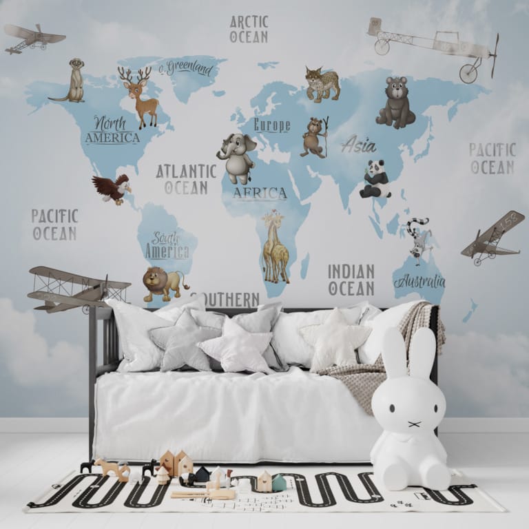 Fototapeta z wesołymi zwierzątkami Błękitna Mapa Świata dla dzieci - główne zdjęcie produktu