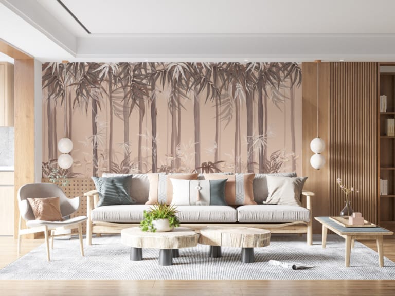 Fototapeta ze szpalerem tropikalnych palm w odcieniach brązu Tropikalny Las w Ciepłych Barwach - główne zdjęcie produktu