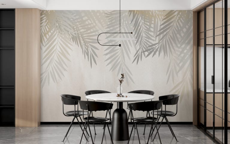 Fototapeta w stonowanej, jasnej tonacji, prosta i elegancka Gałązki Palmy Za Mgłą - główne zdjęcie produktu