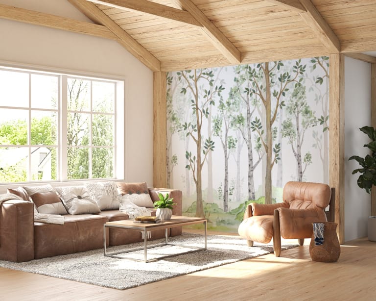 Fototapeta w jasnej kolorystyce z wysokimi drzewami Jasny Las - główne zdjęcie produktu