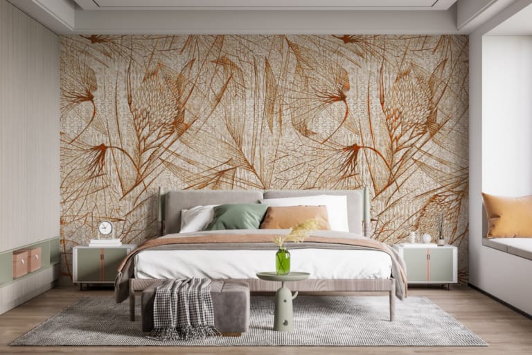 Fototapeta w delikatnych odcieniach brązu z motywem roślinnym Rysunek Liści Cienką Kreską - główne zdjęcie produktu