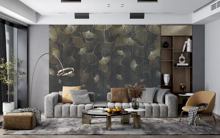 Fototapeta z motywem roślinnym, w złotym i grafitowym odcieniu Taniec Złotych Liści - główne zdjęcie produktu