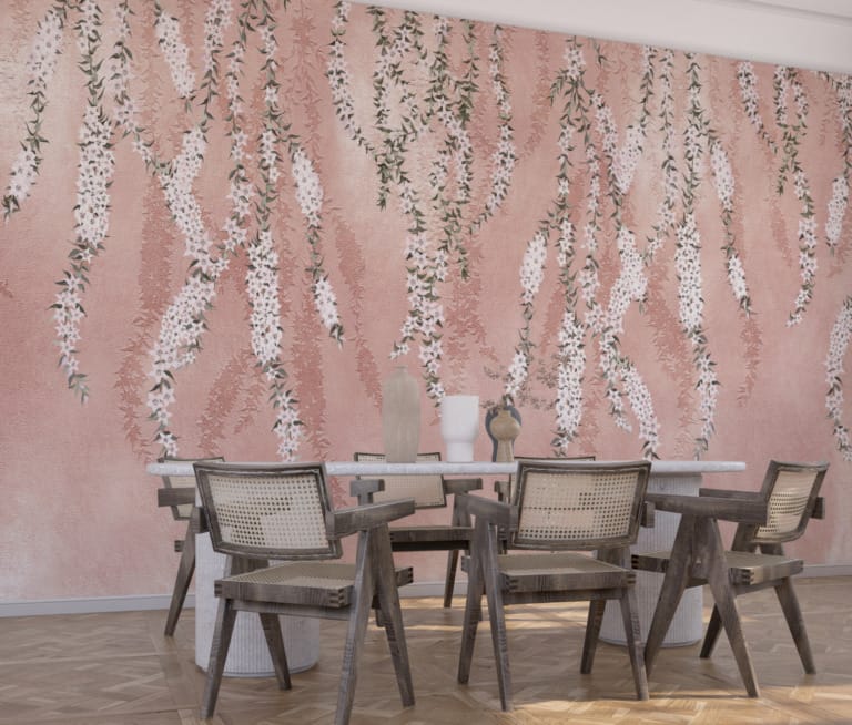 Fototapeta z wiosennymi kwiatami zwisającymi pionowo Białe Kwiatuszki Na Różowym Tle - główne zdjęcie produktu