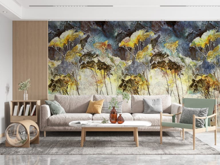 Fototapeta z motywem roślinnym z przewagą żółci i błękitu Las Żółtych Roślin - główne zdjęcie produktu