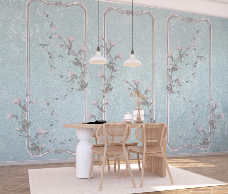 Fototapeta z motywem roślinnym w stylu retro na niebieskim tle Potrójny Motyw Kwiatowy - główne zdjęcie produktu