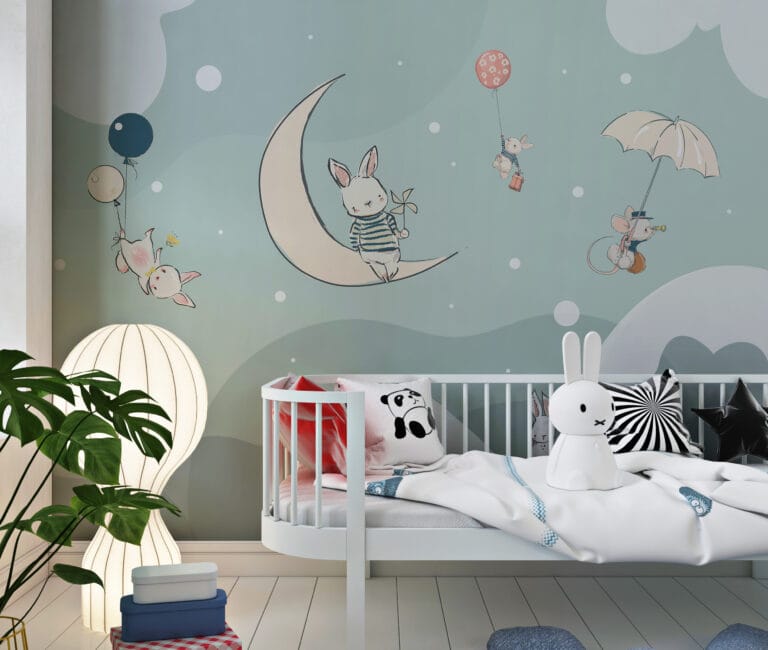 Fototapeta w delikatnej tonacji idealna do pokoju dziecięcego Króliczki Na Księżycu - główne zdjęcie produktu