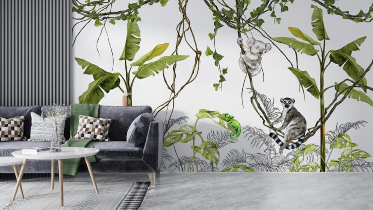 Fototapeta z egzotycznym krajobrazem w delikatnej tonacji z przewagą bieli Lemur Na Lianie - główne zdjęcie produktu