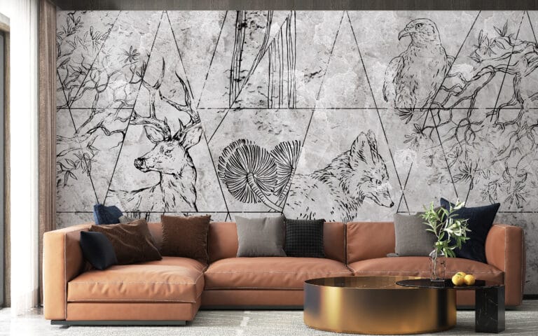 Fototapeta z motywem trójkątów i leśnych zwierząt i roślin Leśna Geometria - główne zdjęcie produktu