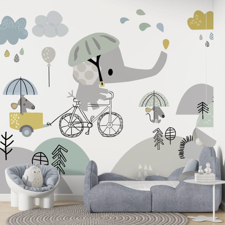 Fototapeta w odcieniach bieli, błękitu i szarości Niebieski Słonik do pokoju dziecięcego - główne zdjęcie produktu