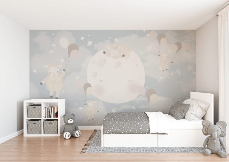 Fototapeta w delikatnej tonacji z wesołymi zwierzątkami Owieczki w Gwiazdach - główne zdjęcie produktu