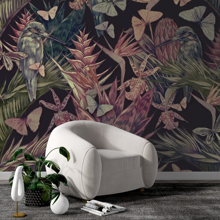 Fototapeta w tropikalnej tematyce o kolorowej żywej barwie Ptaki Ukryte w Kwiatach - główne zdjęcie produktu