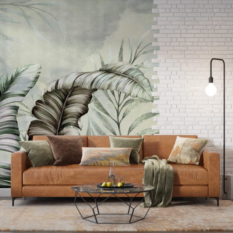 Fototapeta z roślinnym motywem w stonowanych nowoczesnych odcieniach W Gąszczu Długich Liści - główne zdjęcie produktu