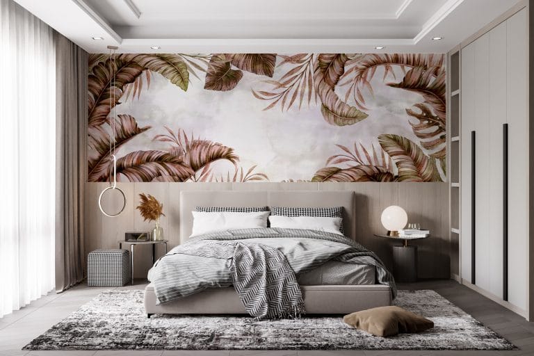 Fototapeta z motywem egzotycznych liści tworzącym ramę dla chmur Niebo w Brązowych Liściach - główne zdjęcie produktu