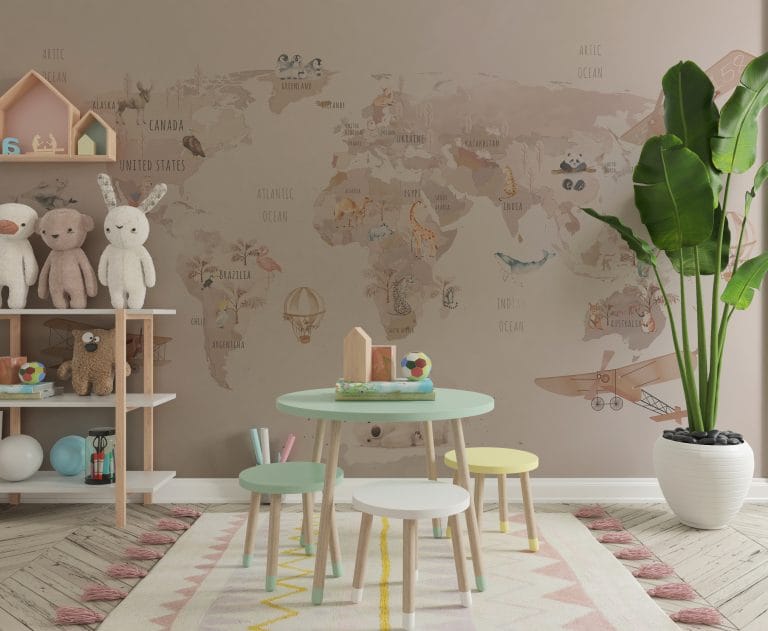 Fototapeta z kontynentami i zwierzętami Różowa Mapa Świata - główne zdjęcie produktu