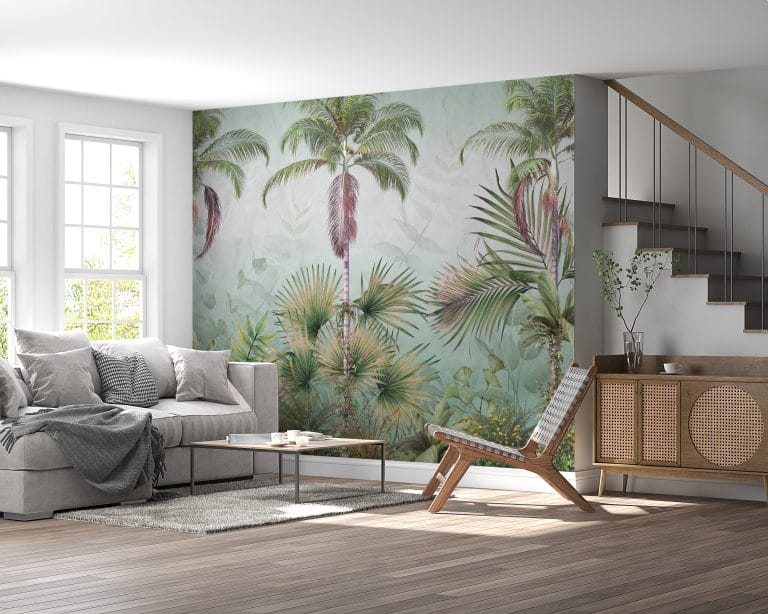 Fototapeta z tropikalną dżunglą w łagodnej tonacji kolorystycznej Zielone Palmy - główne zdjęcie produktu