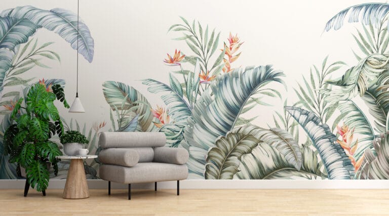 Fototapeta z egzotyczną florą w delikatnej kolorystyce na jasnym tle idealna do nowoczesnych pomieszczeń Roślinna Grafika - główne zdjęcie produktu