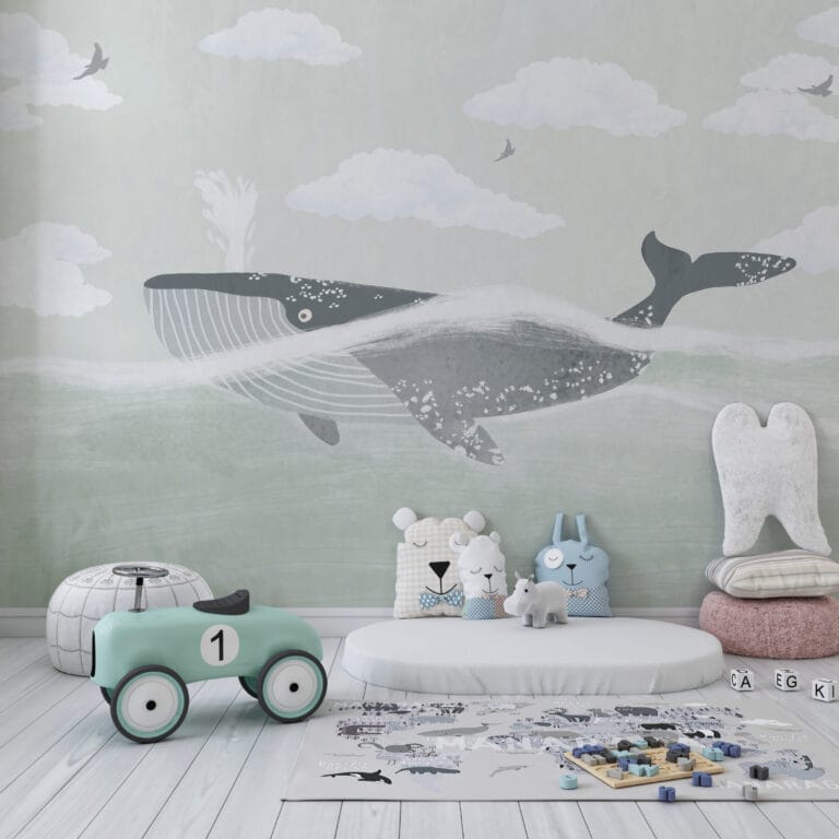 Fototapeta w stonowanych odcieniach niebieskiego i morskim motywem Płynący Wieloryb - główne zdjęcie produktu