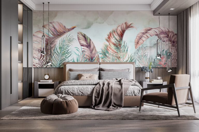 Fototapeta w wesołych kolorach z egzotycznymi liśćmi Różowe Pióropusze Liści - główne zdjęcie produktu