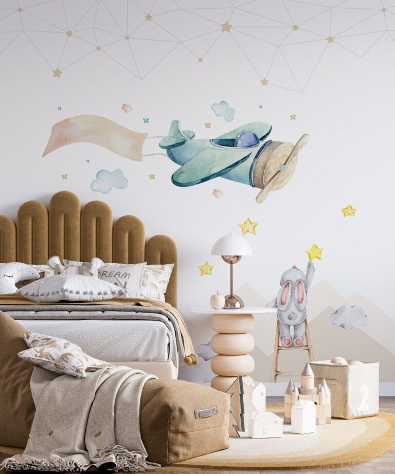 Fototapeta z motywem zwierzątek i nieba w stonowanych ale wesołych kolorach idealna do pokoju dziecięcego Króliczki Na Niebie - główne zdjęcie produktu