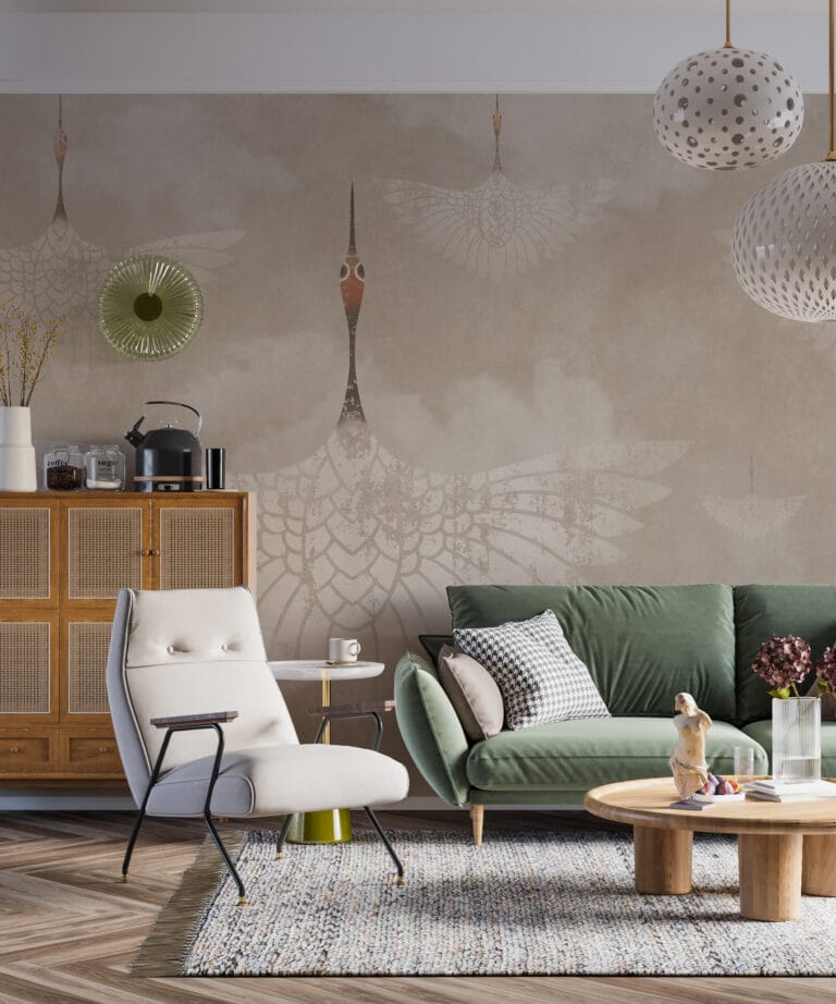 Fototapeta w ciepłych beżowych odcieniach z azjatyckim motywem idealny do salonu Motyw Lecących Ptaków - główne zdjęcie produktu