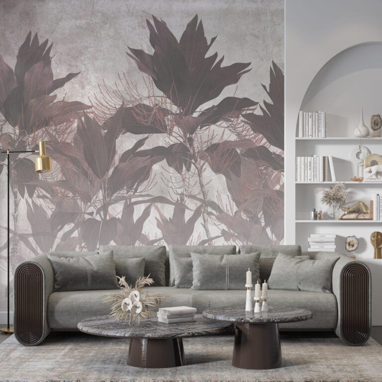 Fototapeta w nowoczesnej odsłonie z grafiką lasu tropikalnego w lekko bordowym odcieniu Las Ognisty - główne zdjęcie produktu