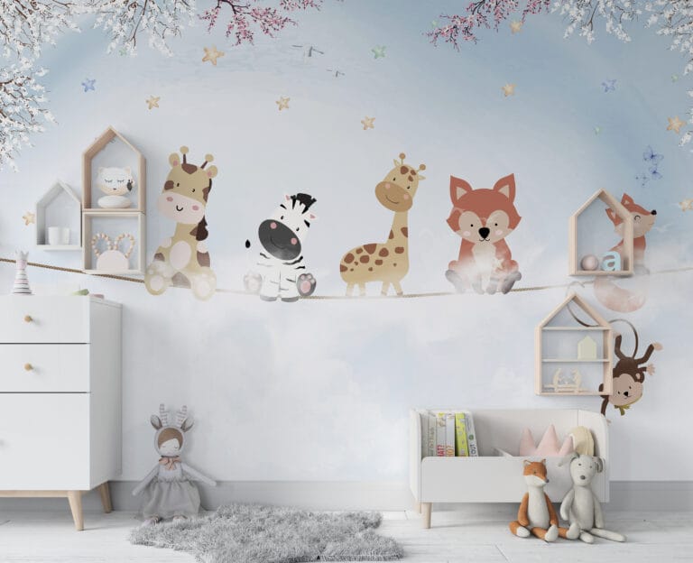 Fototapeta z wesołym motywem w ciepłych stonowanych kolorach Zwierzątka Na Linie - główne zdjęcie produktu