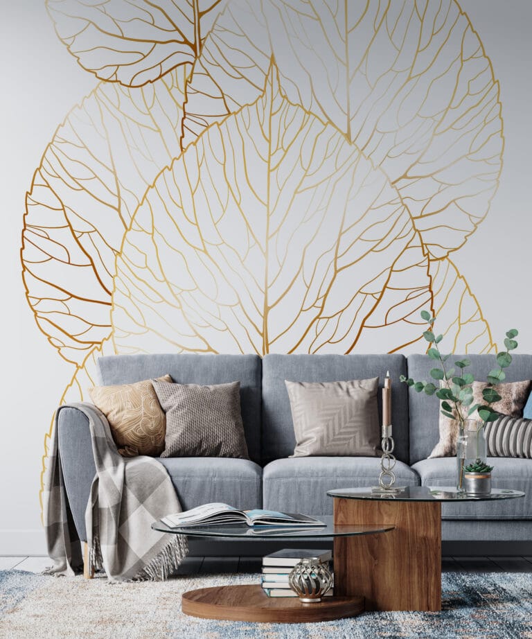 Fototapeta elegancka w bieli i złocie pasująca do każdego wystroju Kontury Złotych Liści - główne zdjęcie produktu