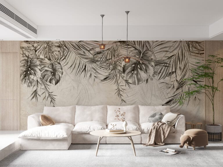 Fototapeta z widoczną strukturą w ciepłych odcieniach beżu i zieleni z ponadczasowym motywem egzotycznej roślinności Liście Na Starym Papierze - główne zdjęcie produktu