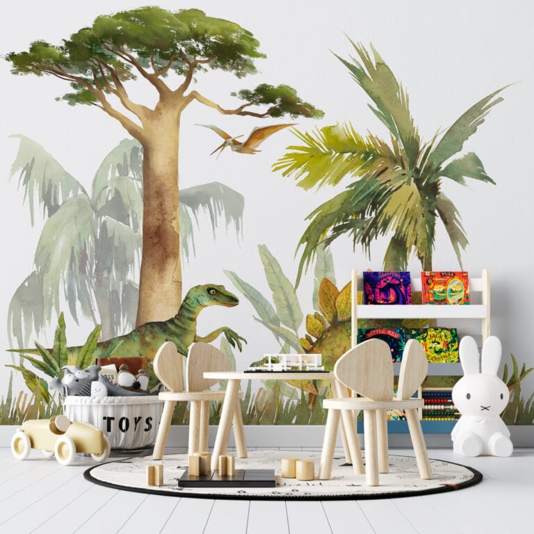 Fototapeta w ciepłej zieleni i szarości do pokoju dziecięcego Wesołe Dinozaury - główne zdjęcie produktu