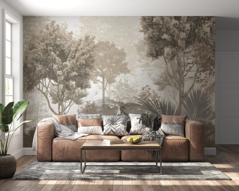 Fototapeta w stonowanych brązach i szarości z egzotyczną roślinnością Las w Sepii - główne zdjęcie produktu