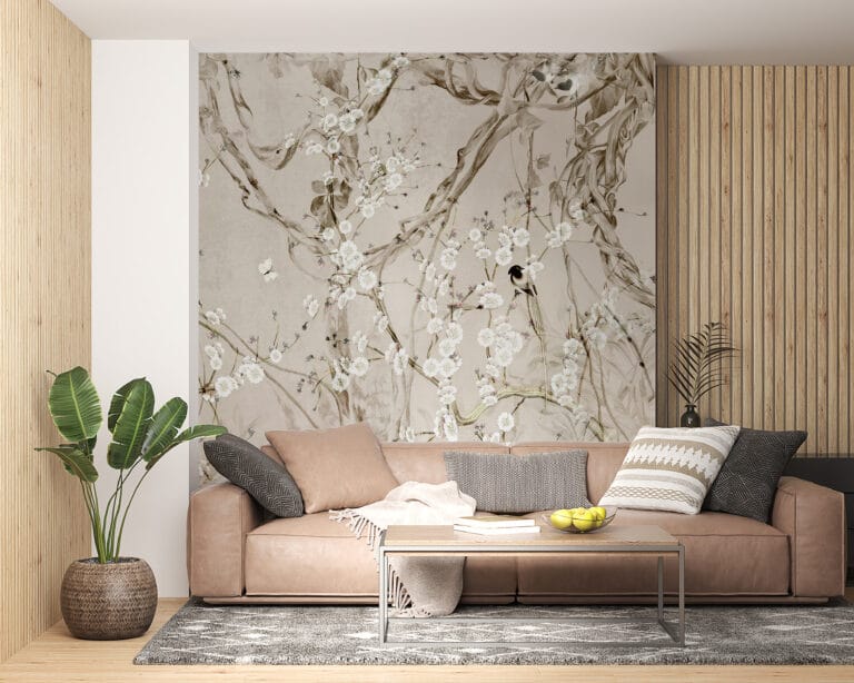 Fototapeta z motywem kwitnącej wiśni i ukrytymi w jej gałęziach ptakami, motyw wiosenny dla każdego Ptaszki Wśród Kwiecia - główne zdjęcie produktu