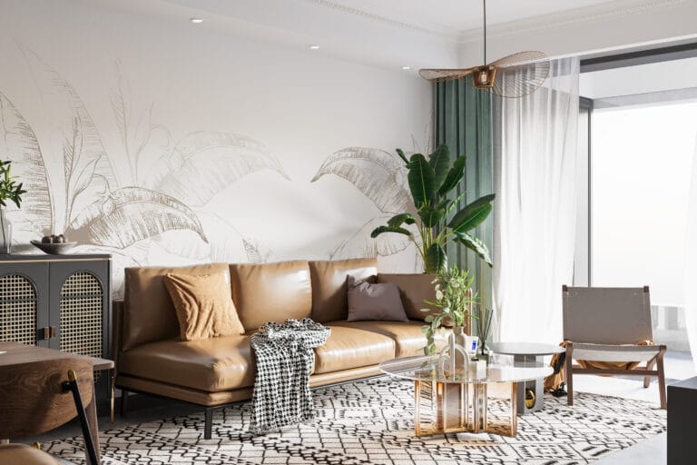 Fototapeta z tropikalnymi liśćmi zmalowanymi białą farbą, delikatne kolory pasujące do każdego wnętrza Bananowiec w Bieli - główne zdjęcie produktu