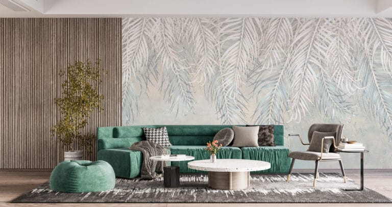 Fototapeta dla miłośników tropikalnej roślinności w delikatnych pastelowych kolorach Cienkie Liście Palm - główne zdjęcie produktu