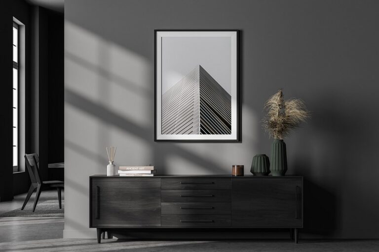 Plakat z minimalistycznym wieżowcem i nowoczesną architekturą miejską.