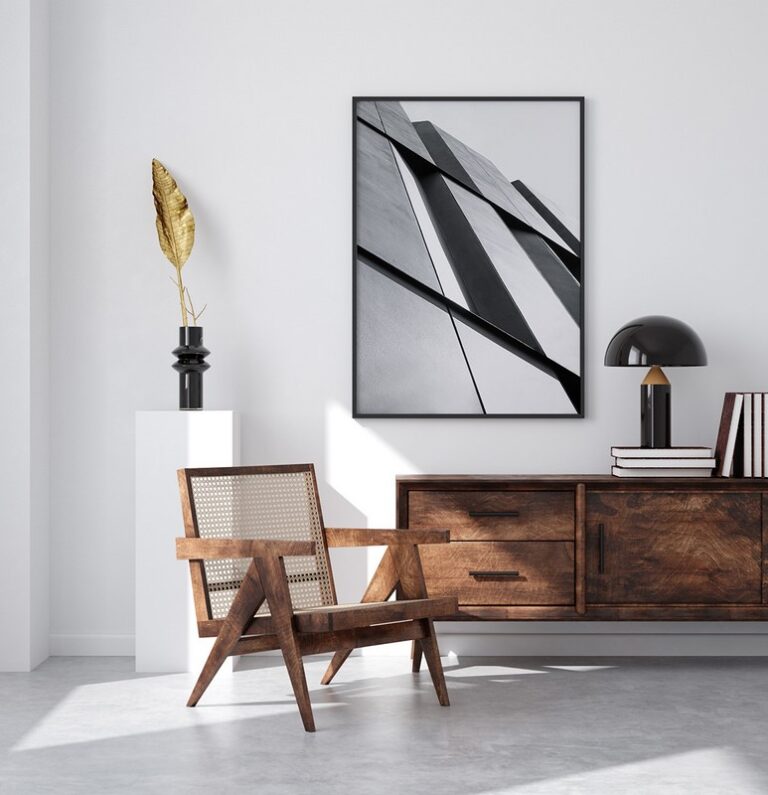 Plakat z nowoczesną czarną elewacją i abstrakcyjną architekturą geometryczną.