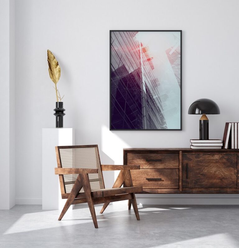 Plakat z przeszklonym wieżowcem i nowoczesną architekturą miejską.