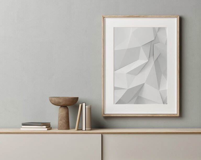 Plakat z wypukłymi geometrycznymi formami na jasnym tle.