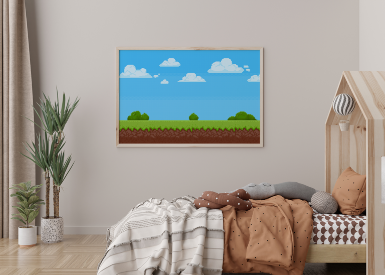 Pikselowa Łąka z Chmurami Plakat