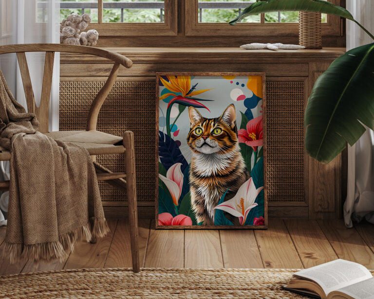 Kot w Tropikalnych Kwiatach – Kolorowy Portret w Stylu Botanicznym Plakat